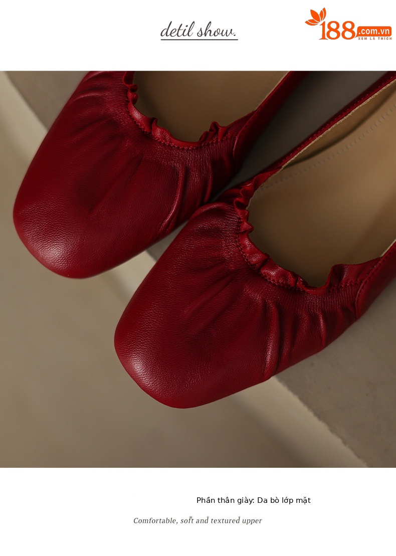 Giày ballet nữ đế bằng da bò mềm mũi tròn phong cách văn nghệ — Màu đỏ rượu chi tiết 3