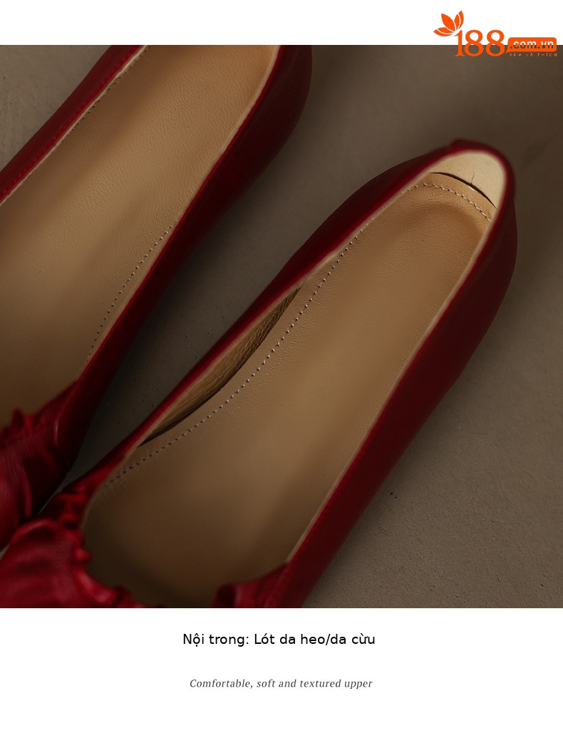 Giày ballet nữ đế bằng da bò mềm mũi tròn phong cách văn nghệ — Màu đỏ rượu chi tiết 4