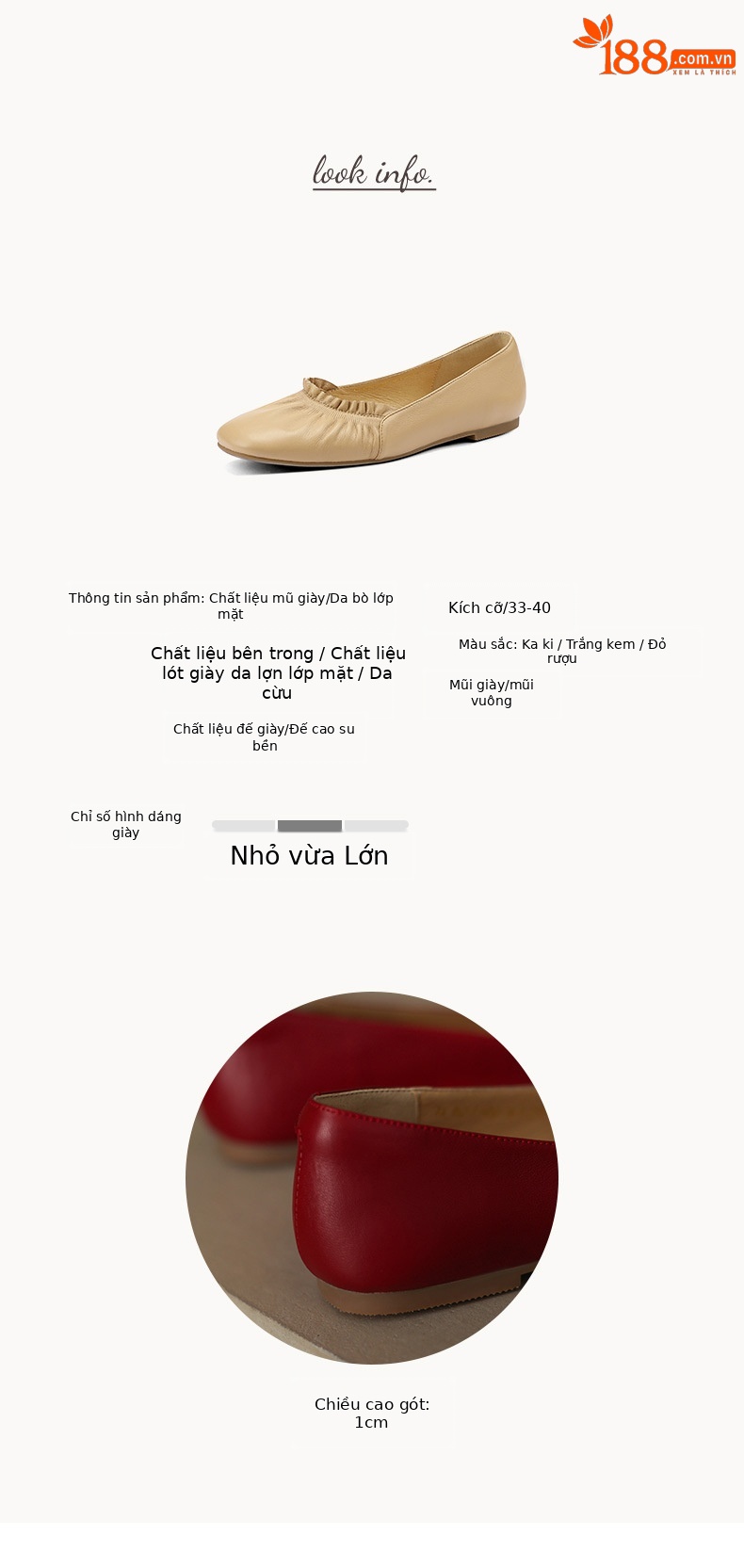 Giày ballet nữ đế bằng da bò mềm mũi tròn phong cách văn nghệ — Màu đỏ rượu chi tiết 2