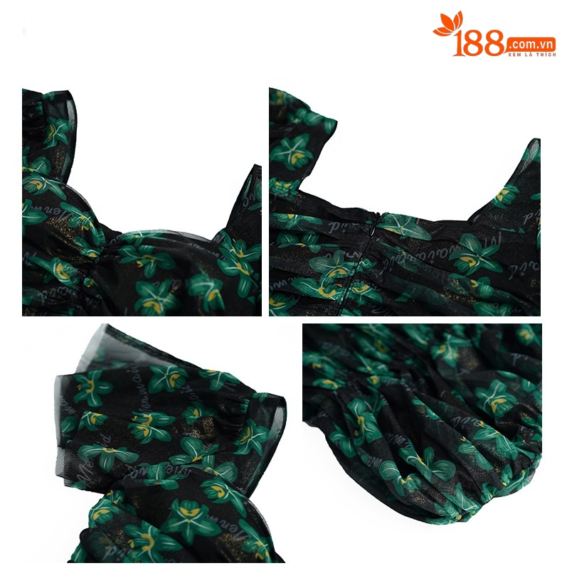 Đầm ôm body nữ cổ chữ V họa tiết hoa retro phong cách vintage — Màu xanh lá chi tiết 2