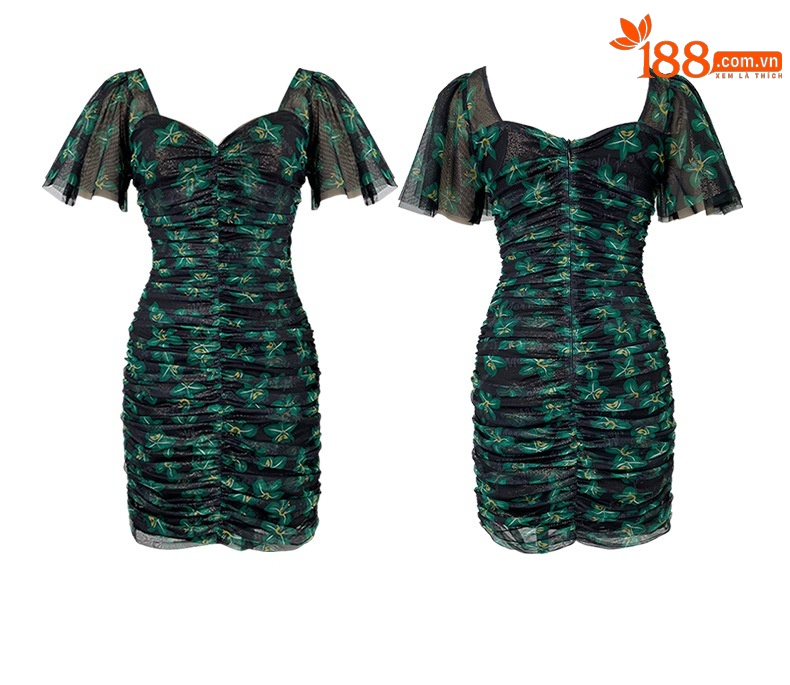 Đầm ôm body nữ cổ chữ V họa tiết hoa retro phong cách vintage — Màu xanh lá chi tiết 3