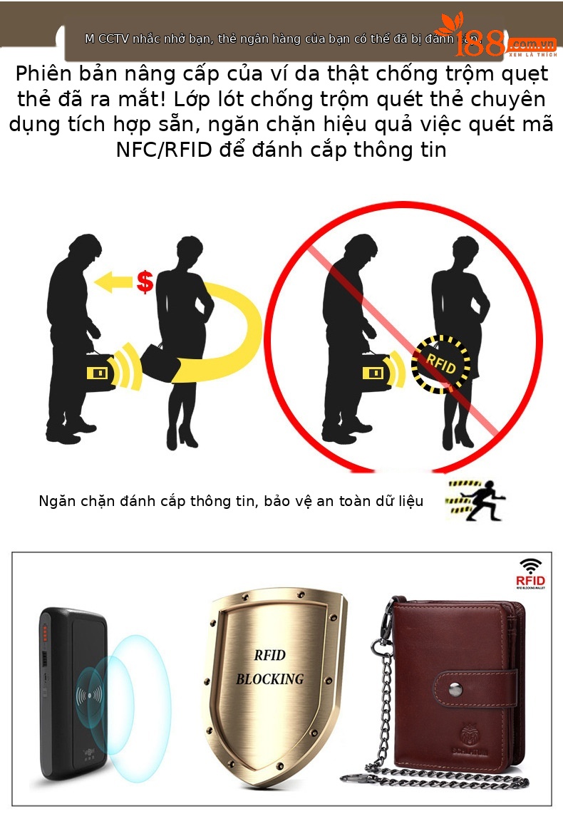 Ví da bò thật nam dạng ngắn chống trộm RFID nhiều ngăn thẻ — Màu đen, Màu cà phê, Màu nâu vàng chi tiết 4
