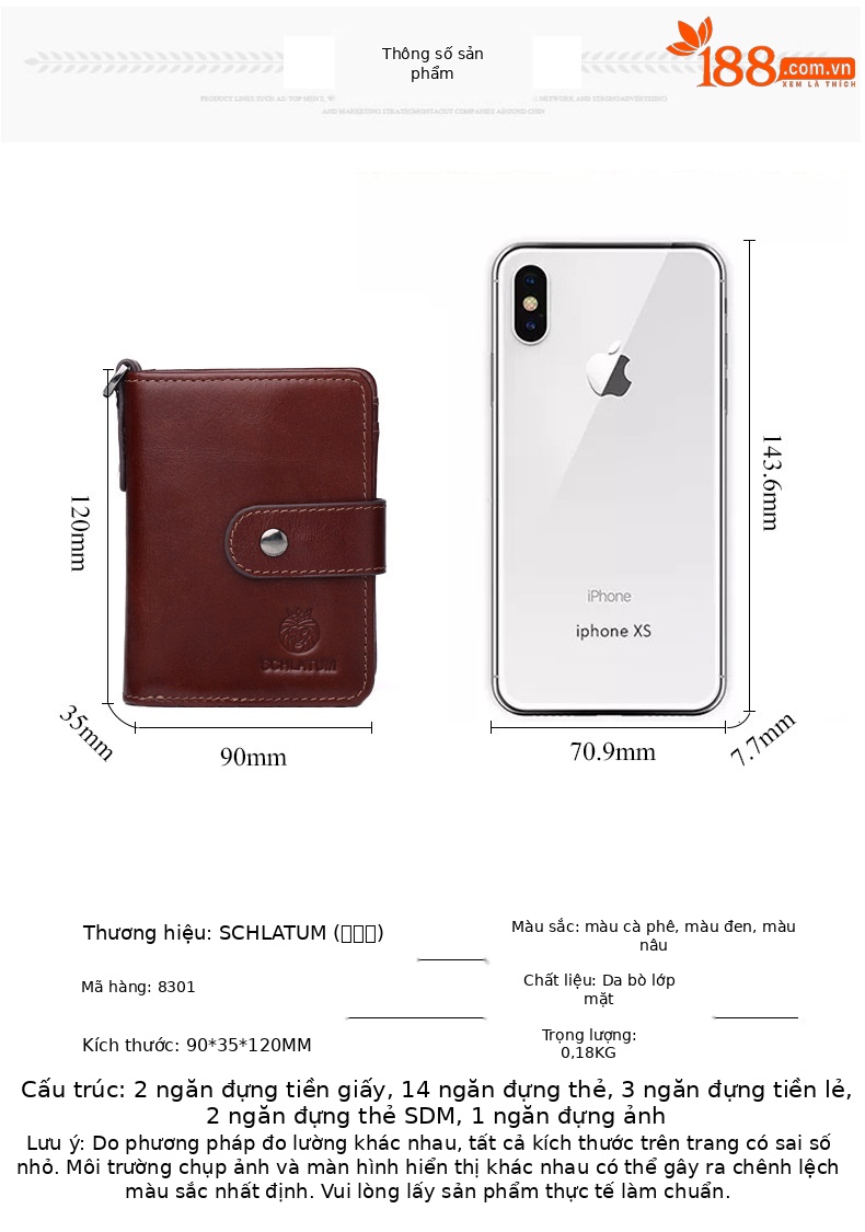 Ví da bò thật nam dạng ngắn chống trộm RFID nhiều ngăn thẻ — Màu đen, Màu cà phê, Màu nâu vàng chi tiết 6