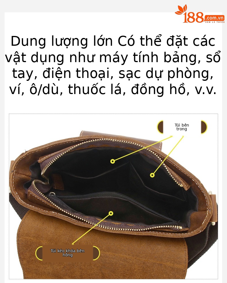 Túi đeo chéo nam da bò lớp đầu tiên phong cách cổ điển Anh — Màu cà phê chi tiết 6
