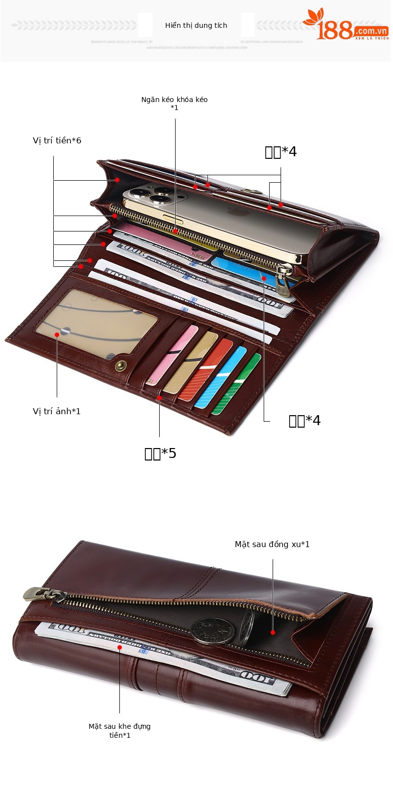 Ví dài nam da bò thật chống trộm RFID phong cách cổ điển — Màu đen (không có LOGO), Cà phê (không có LOGO), Màu vàng nâu (không có LOGO), Màu xanh hải quân (không có LOGO) chi tiết 6