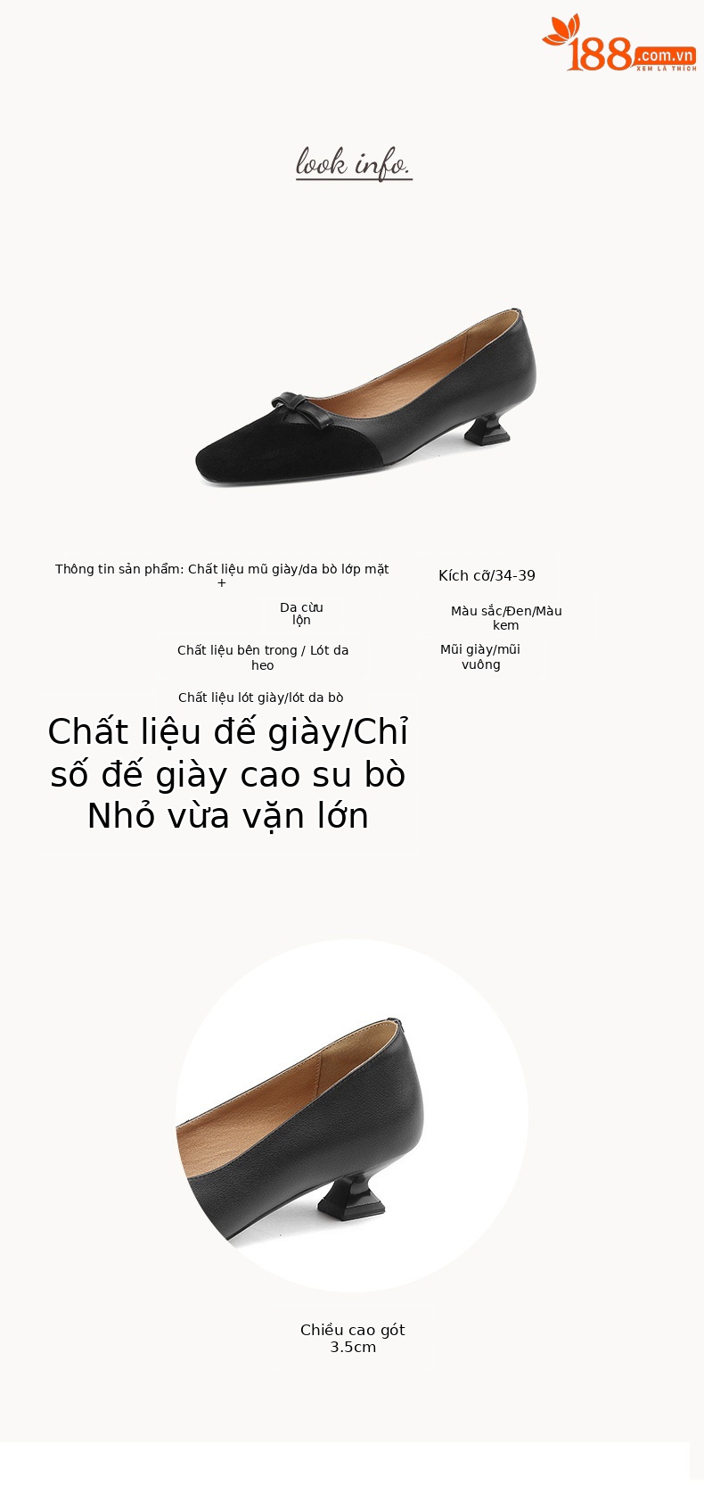 Giày búp bê nữ miệng nông phối màu cổ điển nơ bướm đế thấp — Màu đen chi tiết 2