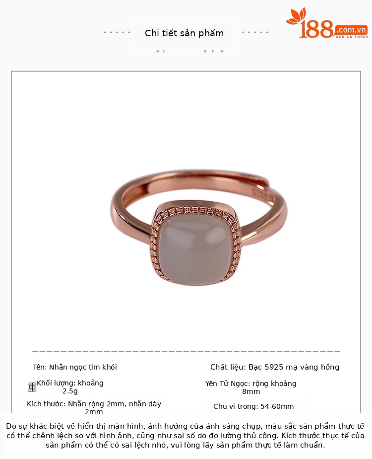 Nhẫn bạc S925 mạ vàng hồng đính ngọc bích tím hình vuông thời trang — Kiểu mạ bạch kim chi tiết 2