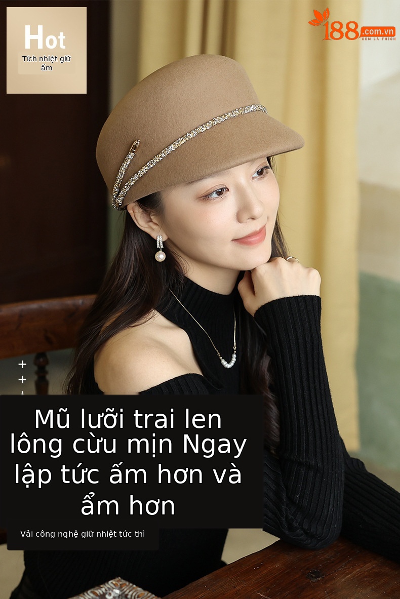 Mũ beret nữ vải dạ kiểu Pháp, form bát giác, phong cách Anh quốc cổ điển — Kaki sâu chi tiết 1
