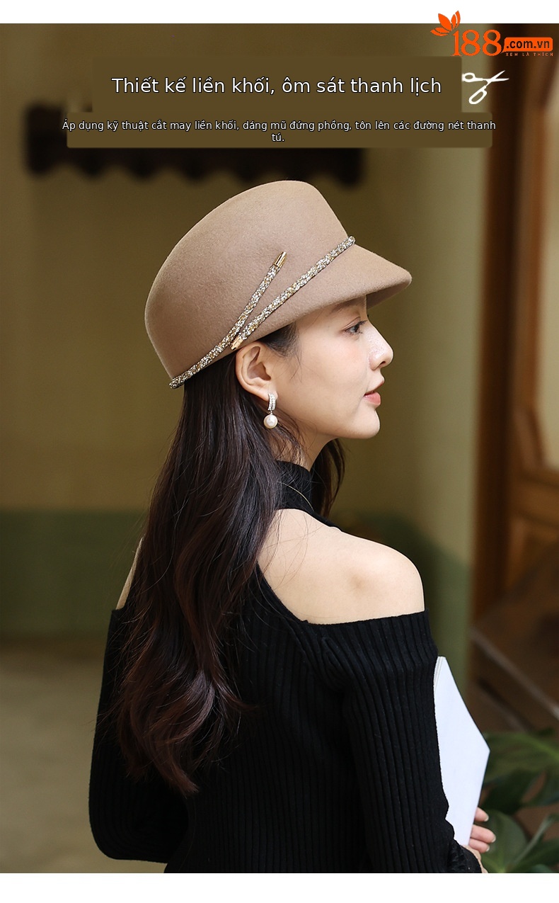 Mũ beret nữ vải dạ kiểu Pháp, form bát giác, phong cách Anh quốc cổ điển — Kaki sâu chi tiết 2