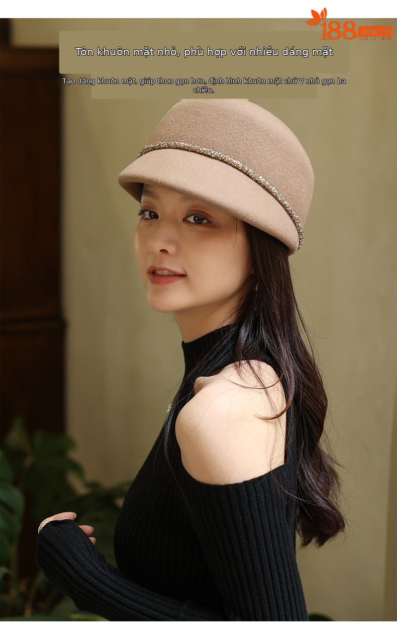 Mũ beret nữ vải dạ kiểu Pháp, form bát giác, phong cách Anh quốc cổ điển — Kaki sâu chi tiết 4