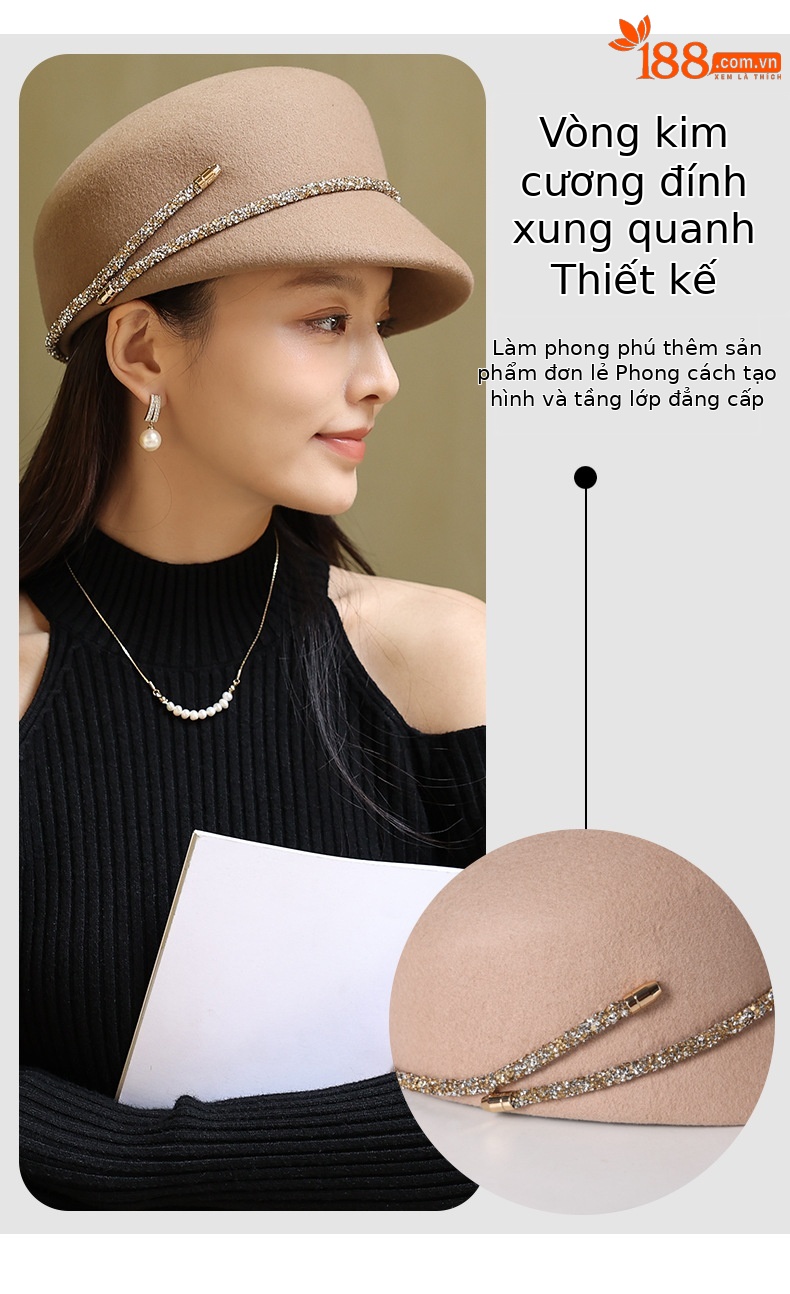 Mũ beret nữ vải dạ kiểu Pháp, form bát giác, phong cách Anh quốc cổ điển — Kaki sâu chi tiết 6