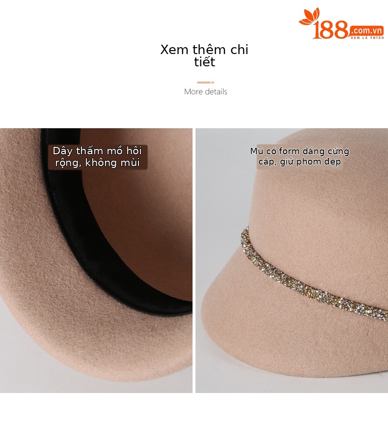 Mũ beret nữ vải dạ kiểu Pháp, form bát giác, phong cách Anh quốc cổ điển — Kaki sâu chi tiết 7