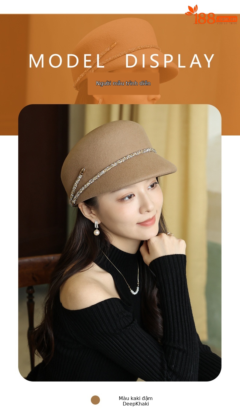 Mũ beret nữ vải dạ kiểu Pháp, form bát giác, phong cách Anh quốc cổ điển — Kaki sâu chi tiết 8