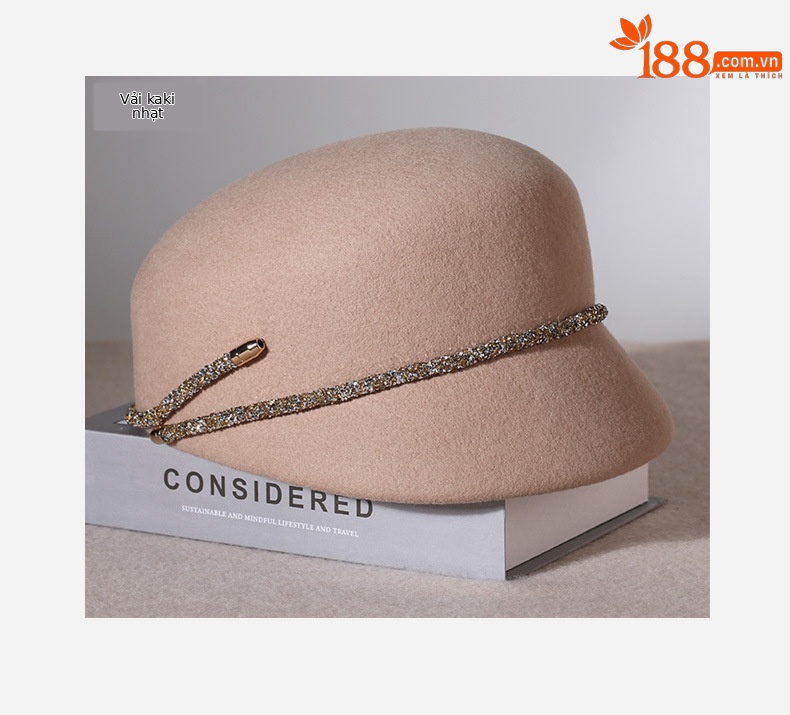 Mũ beret nữ vải dạ kiểu Pháp, form bát giác, phong cách Anh quốc cổ điển — Kaki sâu chi tiết 14