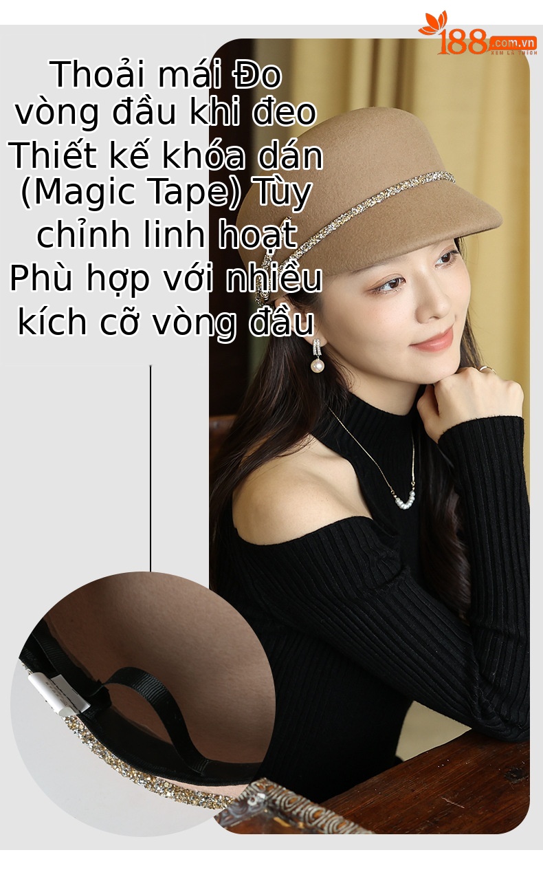 Mũ beret nữ vải dạ kiểu Pháp, form bát giác, phong cách Anh quốc cổ điển — Kaki sâu chi tiết 5