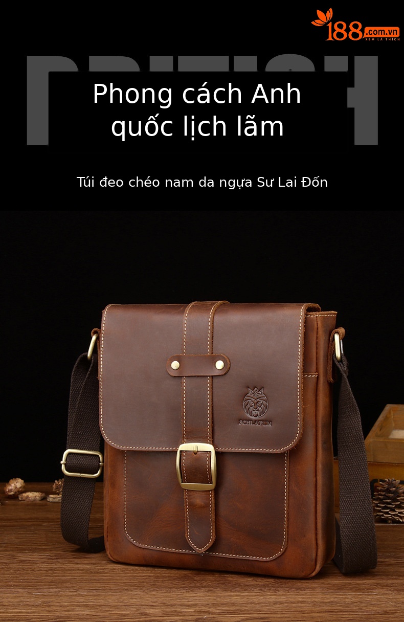 Túi đeo chéo nam da bò lớp đầu phong cách cổ điển Anh — Màu cà phê chi tiết 2