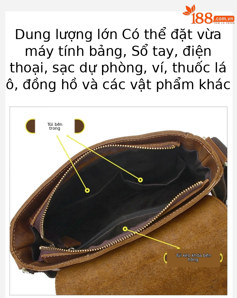 Túi đeo chéo nam da bò lớp đầu phong cách cổ điển Anh — Màu cà phê chi tiết 6