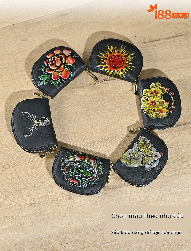 Ví cầm tay nữ da thật cao cấp, đựng thẻ và tiền xu, khắc nổi độc đáo — Song Ngư chơi dưới nước, Một con nai Kiếm Tiền, Heo vàng ôm gạch, Hoa Hướng Dương chi tiết 2