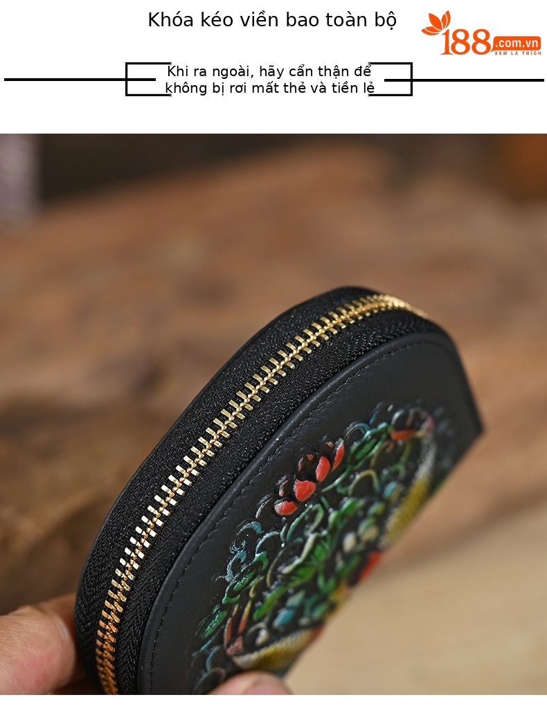 Ví cầm tay nữ da thật cao cấp, đựng thẻ và tiền xu, khắc nổi độc đáo — Song Ngư chơi dưới nước, Một con nai Kiếm Tiền, Heo vàng ôm gạch, Hoa Hướng Dương chi tiết 5