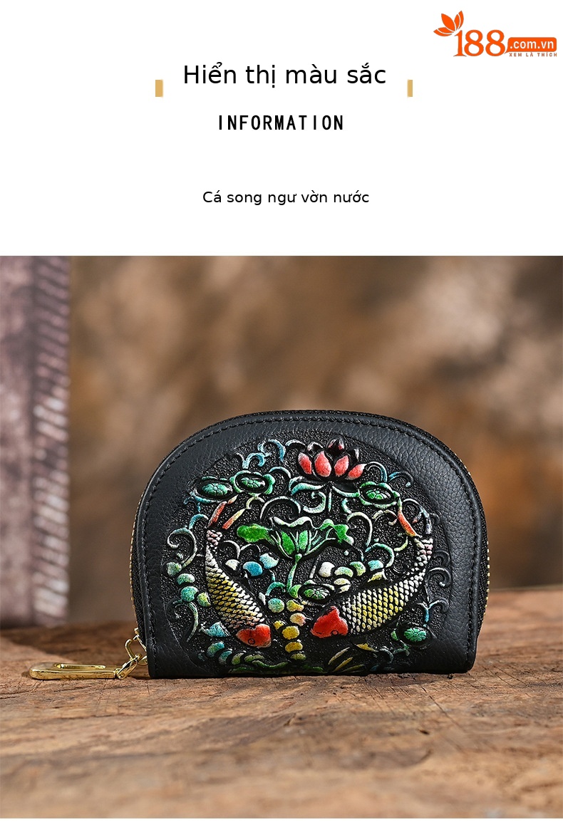 Ví cầm tay nữ da thật cao cấp, đựng thẻ và tiền xu, khắc nổi độc đáo — Song Ngư chơi dưới nước, Một con nai Kiếm Tiền, Heo vàng ôm gạch, Hoa Hướng Dương chi tiết 11
