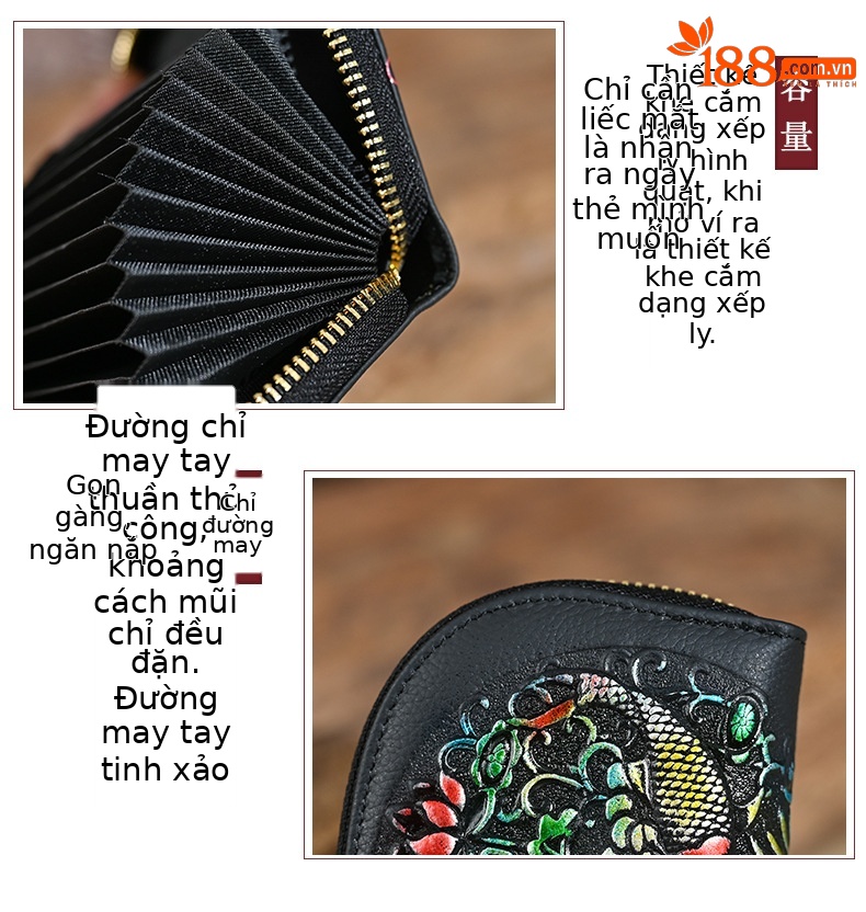 Ví cầm tay nữ da thật cao cấp, đựng thẻ và tiền xu, khắc nổi độc đáo — Song Ngư chơi dưới nước, Một con nai Kiếm Tiền, Heo vàng ôm gạch, Hoa Hướng Dương chi tiết 19