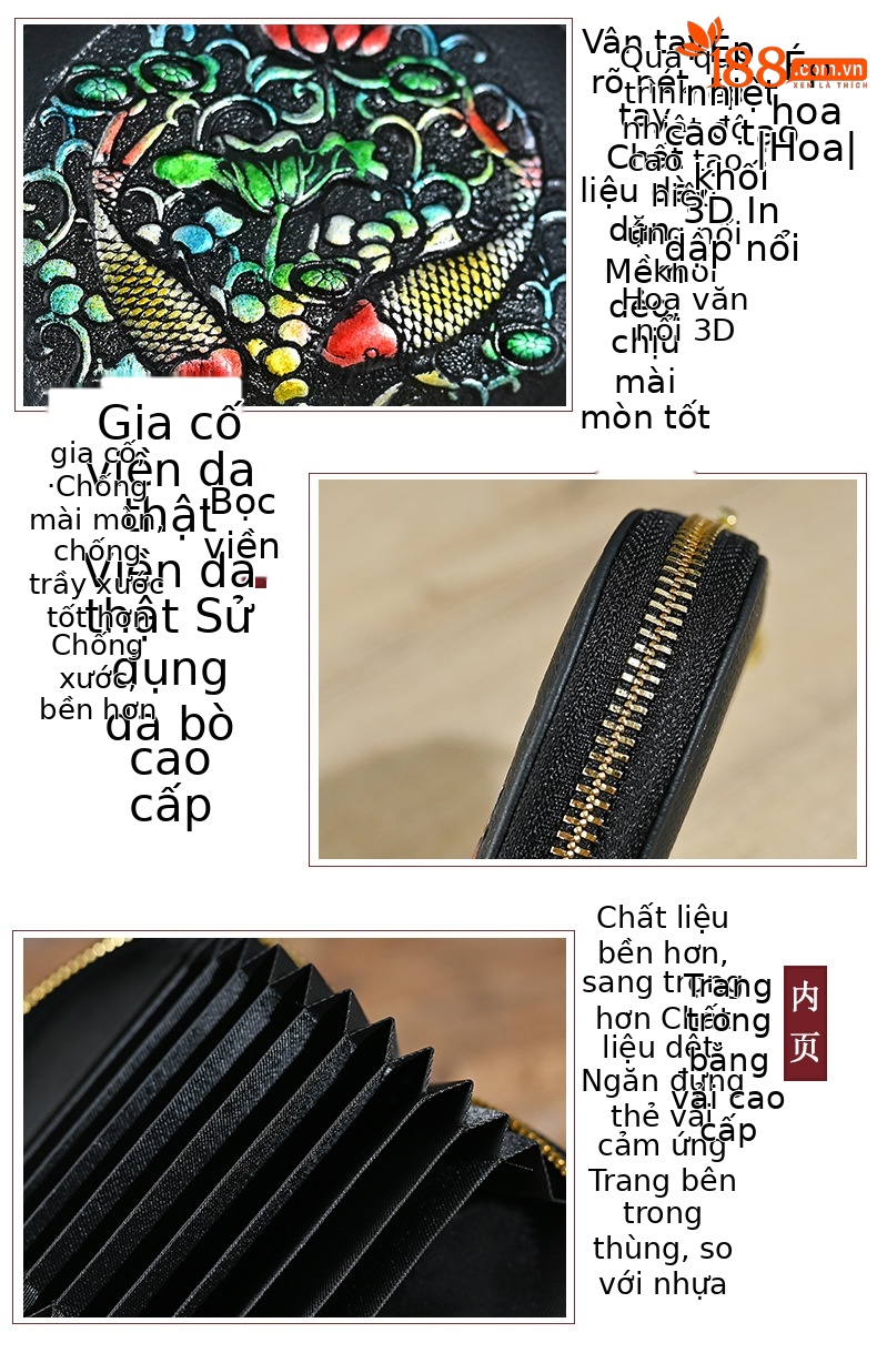 Ví cầm tay nữ da thật cao cấp, đựng thẻ và tiền xu, khắc nổi độc đáo — Song Ngư chơi dưới nước, Một con nai Kiếm Tiền, Heo vàng ôm gạch, Hoa Hướng Dương chi tiết 20