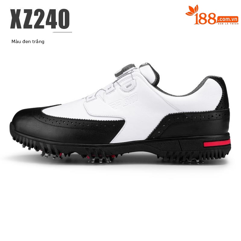 Giày golf nam PGM da bò chống nước, đinh dẻo, dây buộc núm vặn — XZ240 Đen Trắng [khóa quay da bò chống thấm nước]
