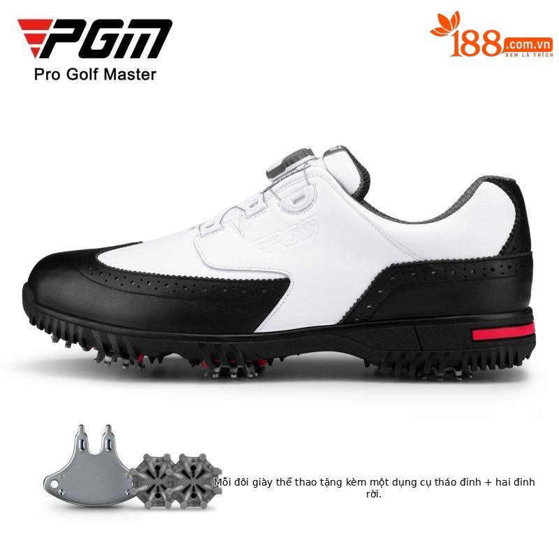 Giày golf nam PGM da bò chống nước, đinh dẻo, dây buộc núm vặn — XZ240 Đen Trắng [khóa quay da bò chống thấm nước]