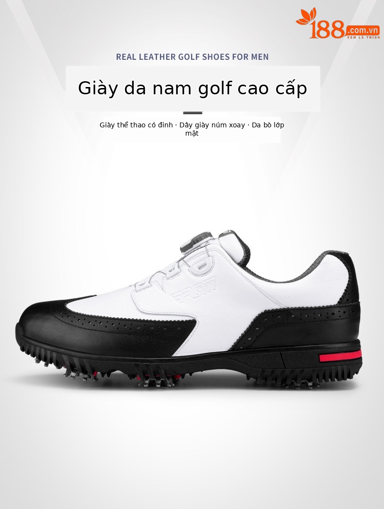 Giày golf nam PGM da bò chống nước, đinh dẻo, dây buộc núm vặn — XZ240 Đen Trắng [khóa quay da bò chống thấm nước] chi tiết 2