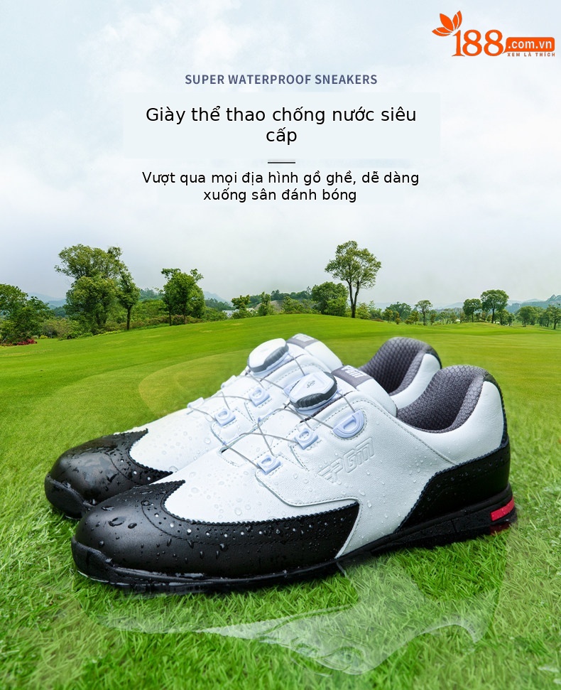 Giày golf nam PGM da bò chống nước, đinh dẻo, dây buộc núm vặn — XZ240 Đen Trắng [khóa quay da bò chống thấm nước] chi tiết 4