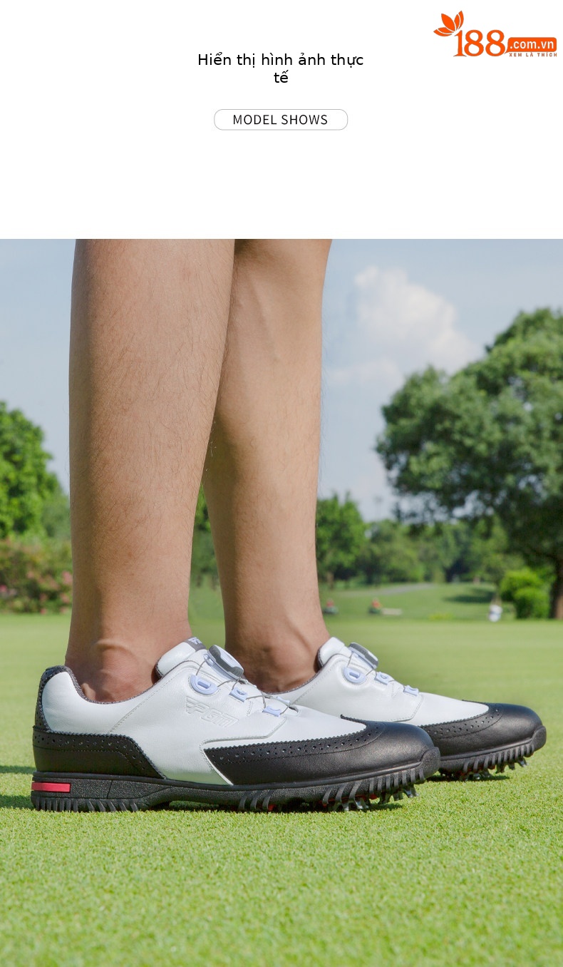 Giày golf nam PGM da bò chống nước, đinh dẻo, dây buộc núm vặn — XZ240 Đen Trắng [khóa quay da bò chống thấm nước] chi tiết 7