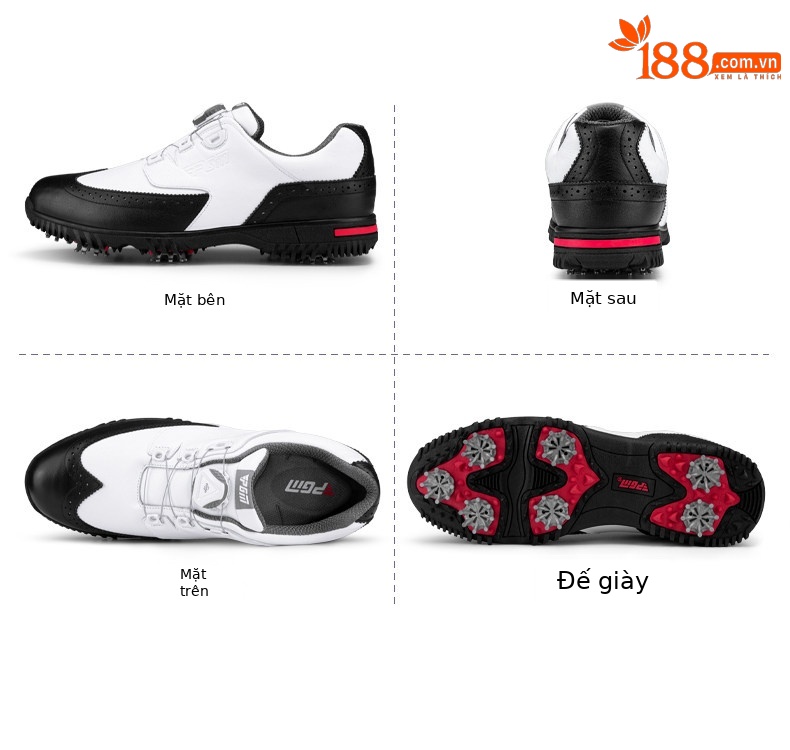 Giày golf nam PGM da bò chống nước, đinh dẻo, dây buộc núm vặn — XZ240 Đen Trắng [khóa quay da bò chống thấm nước] chi tiết 12