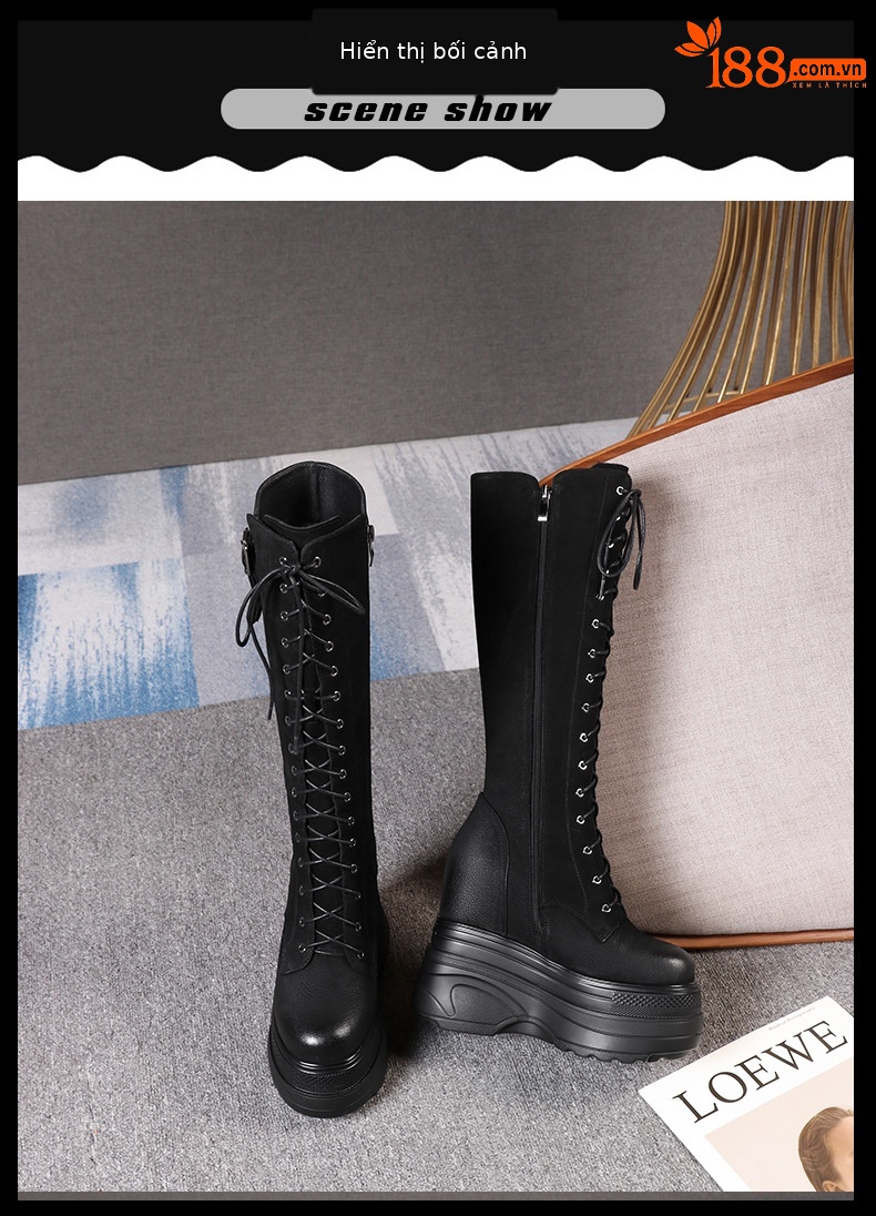 Boot Martin nữ tăng chiều cao đế dày 14 cm, phong cách thu đông — Màu đen lót nhung chi tiết 2