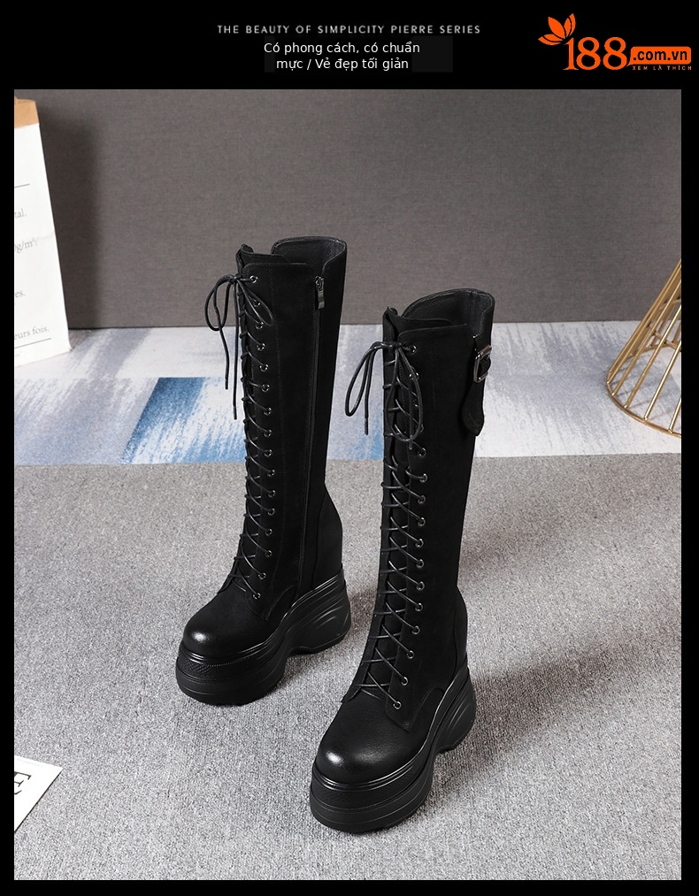 Boot Martin nữ tăng chiều cao đế dày 14 cm, phong cách thu đông — Màu đen lót nhung chi tiết 3