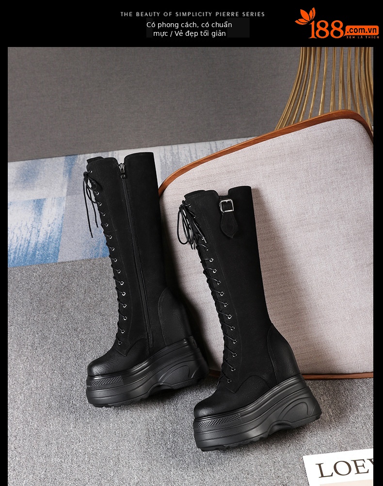 Boot Martin nữ tăng chiều cao đế dày 14 cm, phong cách thu đông — Màu đen lót nhung chi tiết 4