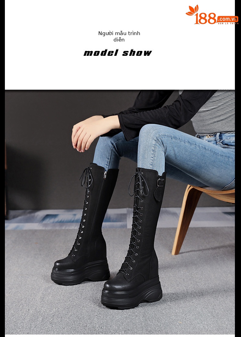 Boot Martin nữ tăng chiều cao đế dày 14 cm, phong cách thu đông — Màu đen lót nhung chi tiết 5