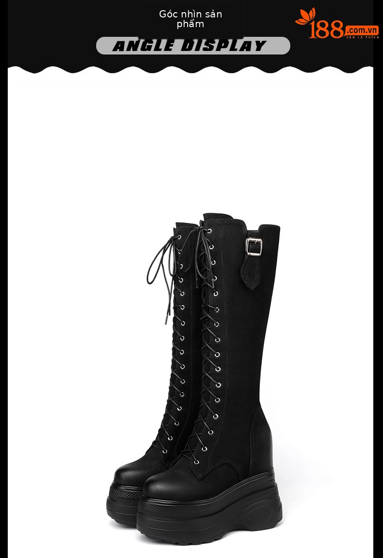 Boot Martin nữ tăng chiều cao đế dày 14 cm, phong cách thu đông — Màu đen lót nhung chi tiết 10