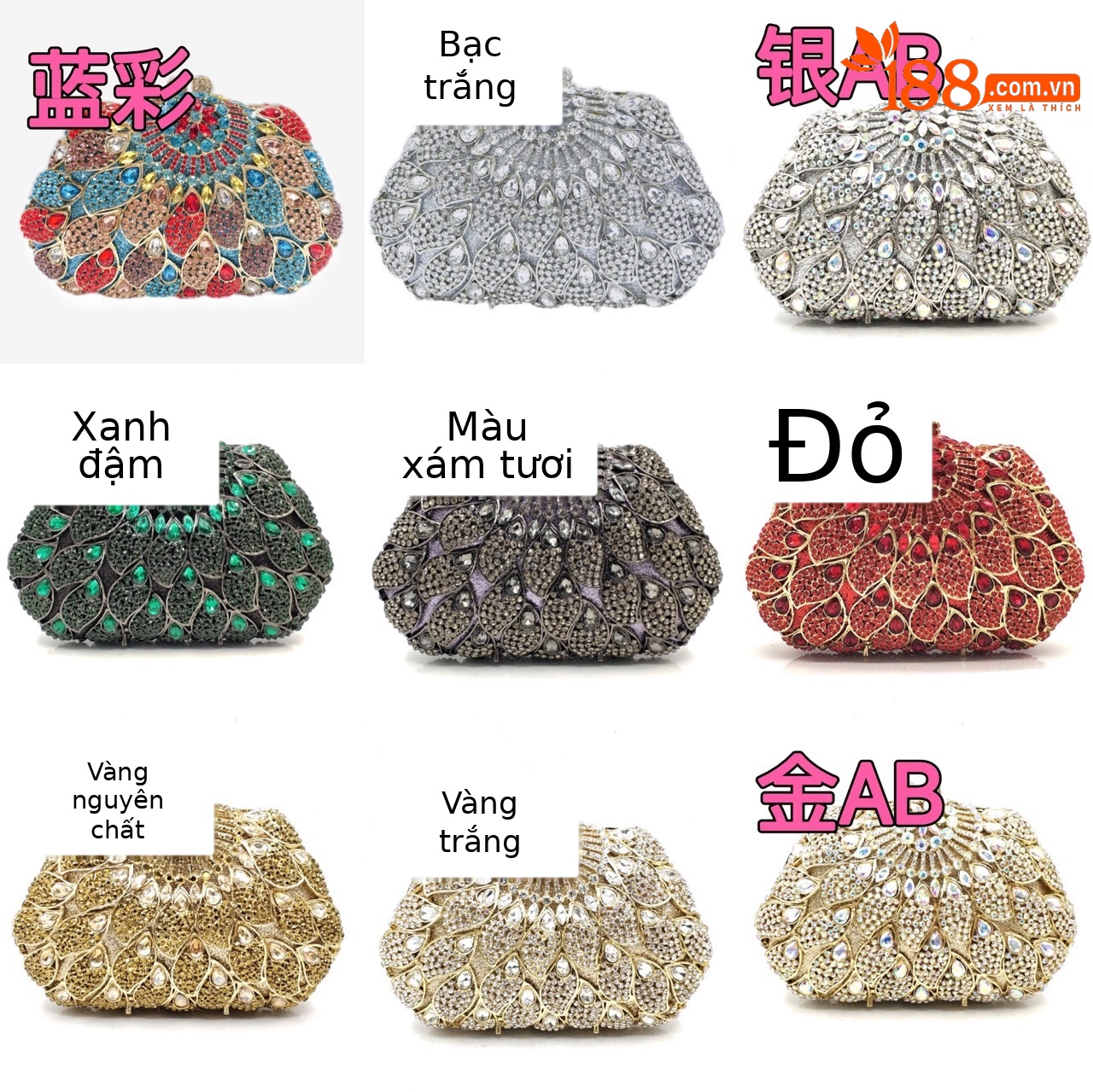 Túi clutch nữ đính đá dạ hội họa tiết hoa phong cách Âu Mỹ — Vàng kim AB chi tiết 1