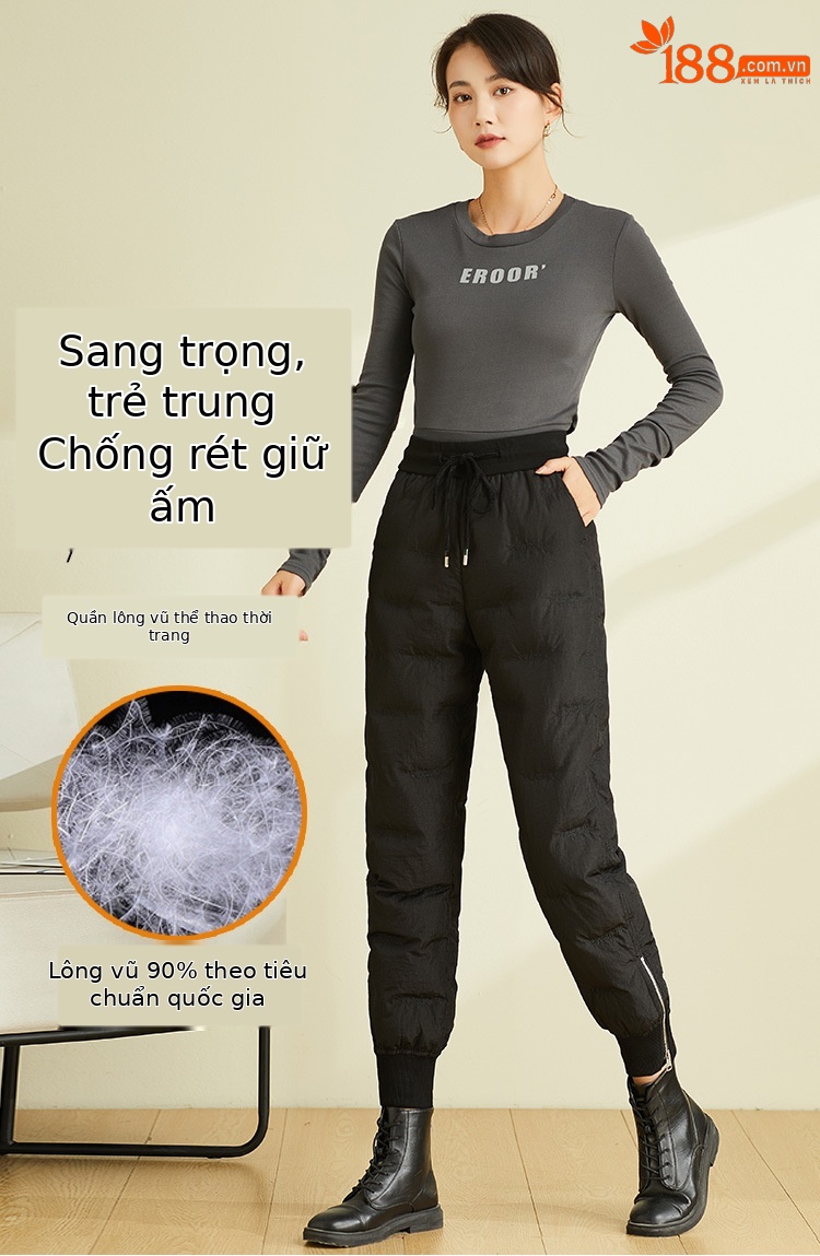 Quần lông vũ nữ ống đứng cạp cao mùa đông, dày dặn lót nhung, phong cách công sở — Màu đen chi tiết 1