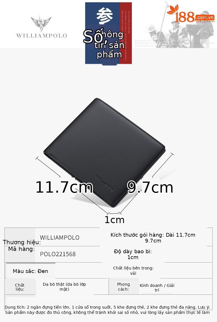 Ví nam da bò lớp đầu tiên gập mini Emperor Paul chi tiết 9