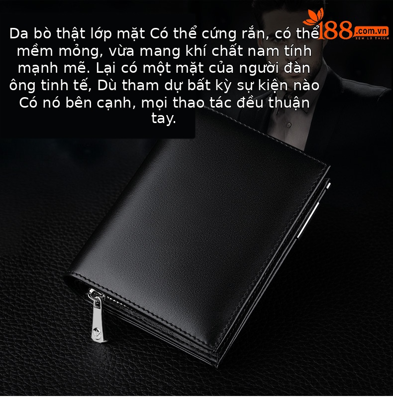 Ví da bò nam khóa kéo nhiều ngăn thẻ phong cách đơn giản chi tiết 2