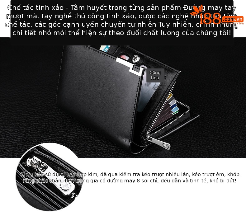 Ví da bò nam khóa kéo nhiều ngăn thẻ phong cách đơn giản chi tiết 6