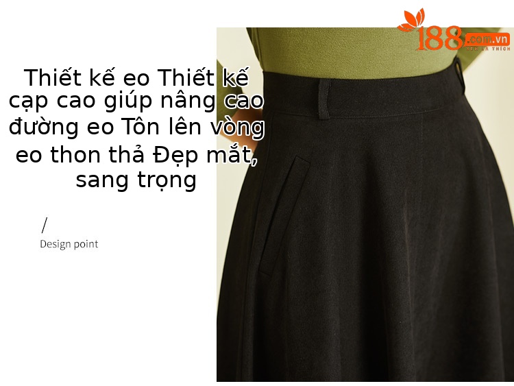 Váy midi chữ A cạp cao đen vintage, dáng suông che hông — Màu đen chi tiết 4