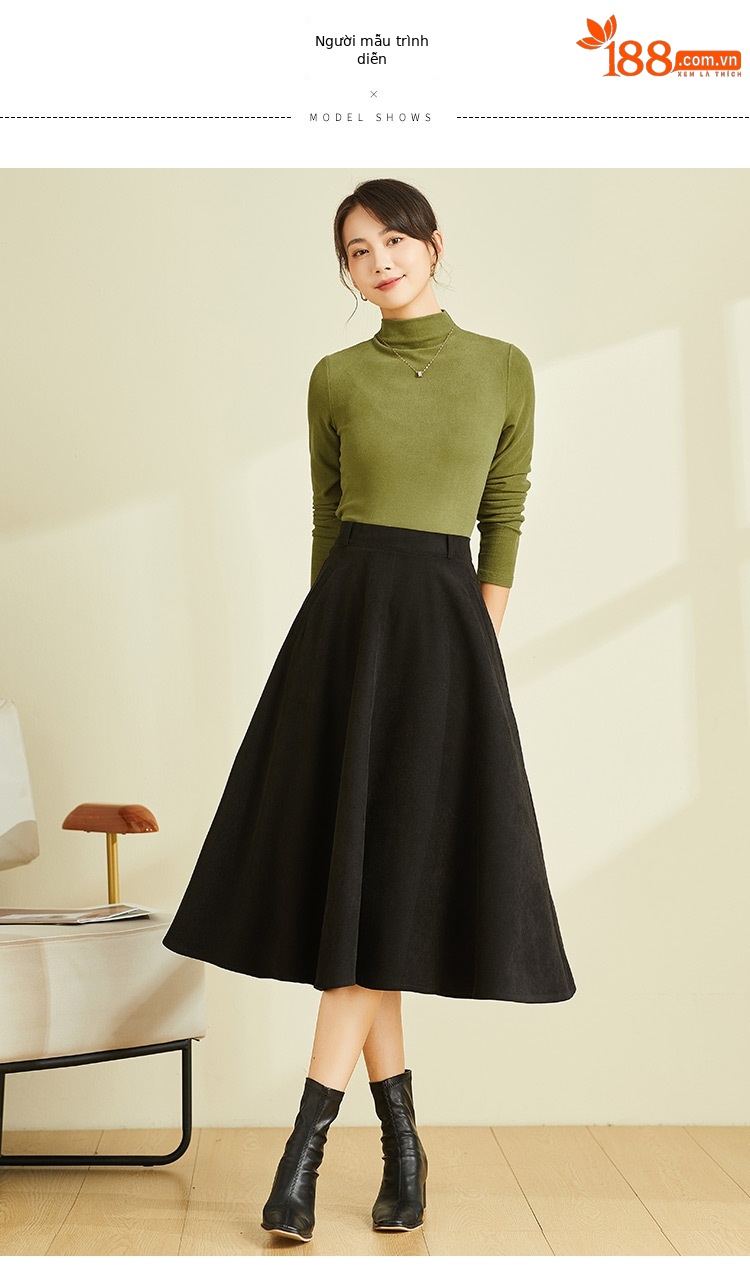 Váy midi chữ A cạp cao đen vintage, dáng suông che hông — Màu đen chi tiết 6