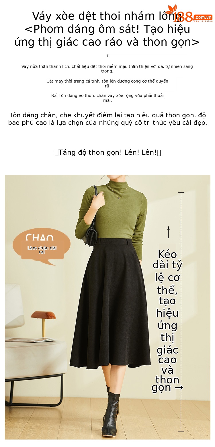 Váy midi chữ A cạp cao đen vintage, dáng suông che hông — Màu đen chi tiết 2