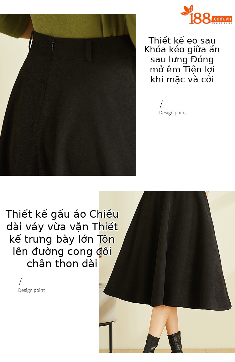Váy midi chữ A cạp cao đen vintage, dáng suông che hông — Màu đen chi tiết 5