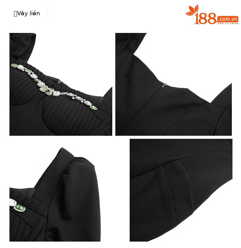 Đầm ôm body nữ tay ngắn cổ tròn đính đá lấp lánh viền xù — Màu đen chi tiết 1