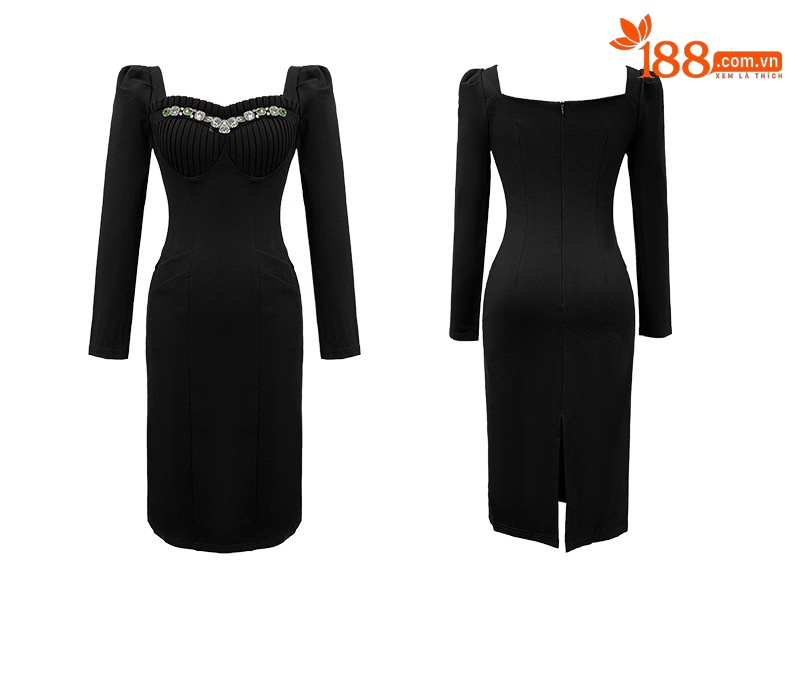 Đầm ôm body nữ tay ngắn cổ tròn đính đá lấp lánh viền xù — Màu đen chi tiết 2