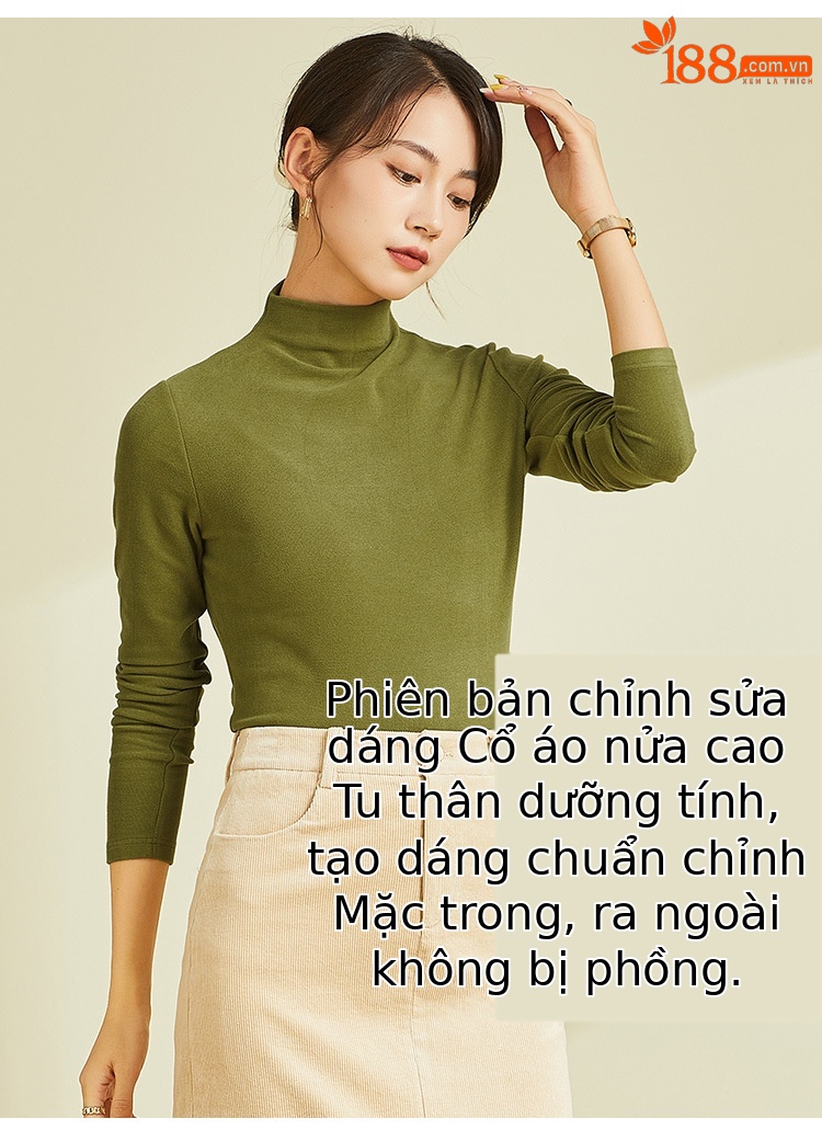Áo thun dài tay cổ cao xếp chồng nữ, chất nhung nhám mềm mại, form ôm tôn dáng — Màu be chi tiết 2