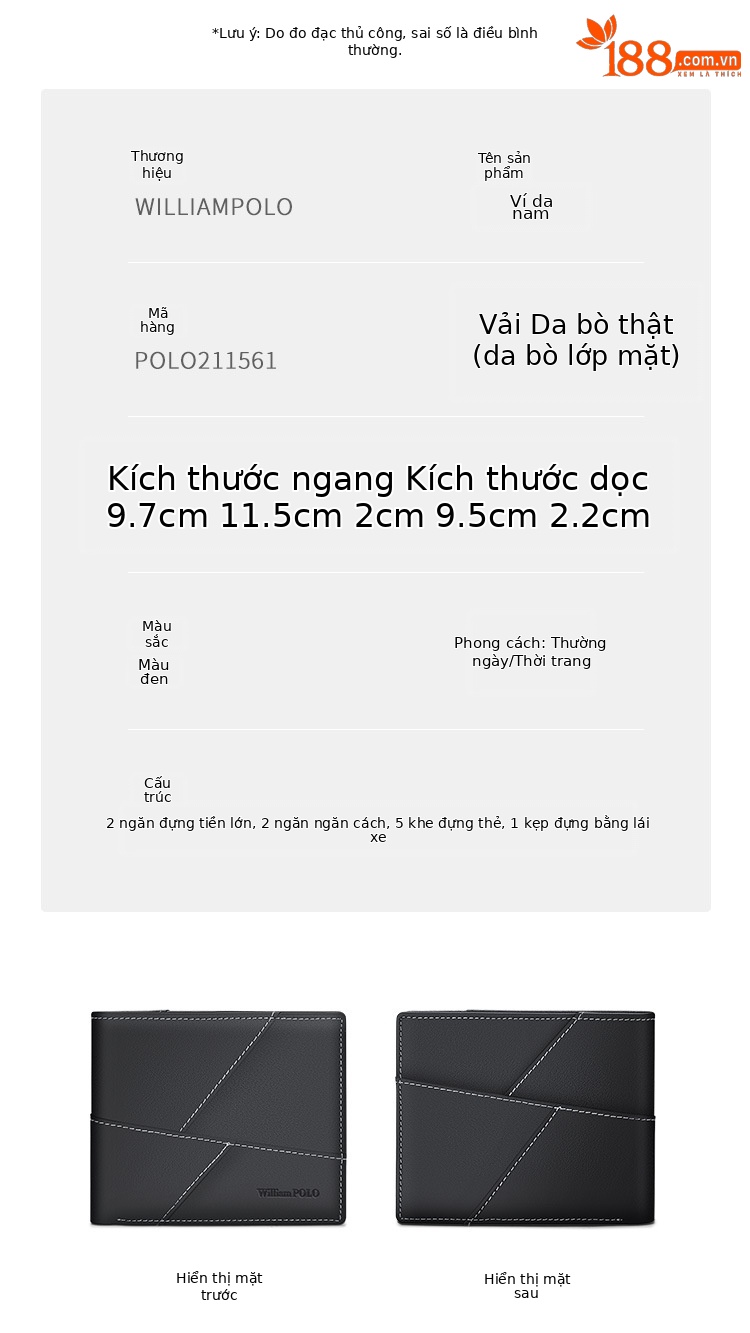 Ví nam ngắn da thật Emperor Paul – ví gập mini da bò lớp 1, ngăn đựng thẻ và bằng lái chi tiết 9